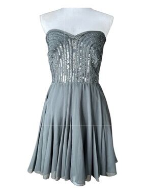 CALVIN KLEIN Strapless Mini Dress in Gunmetal Color w/Sequin, Size 6.